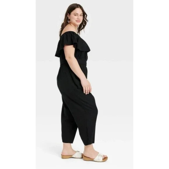 NWOT! Ava & Viv Black Linen Blend Off-Shoulder Cropped Jumpsuit. Plus Size X - Picture 4 of 9